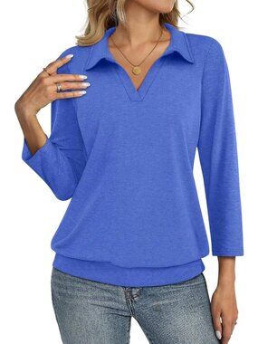 Women's Blue V Neck Banded Bottom 3/4 Sleeve Shirts Collared Casual Blouses